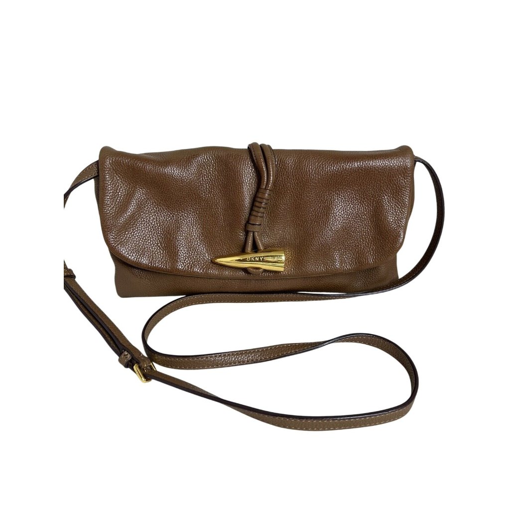 Dkny Brown Pebbled Leather Crossbody Bag With Gold Closure & Adjustable Strap